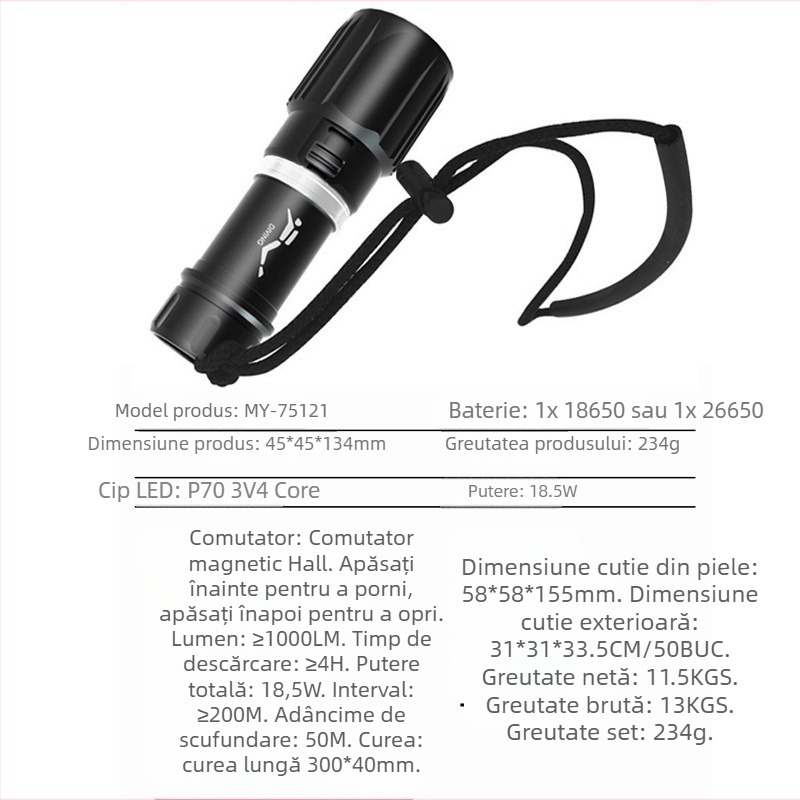 Lanternă de scufundare, corp din aliaj de aluminiu, luminozitate ridicată, autonomie îndelungată, întrerupător magnetic, dual-use apă și uscat.
