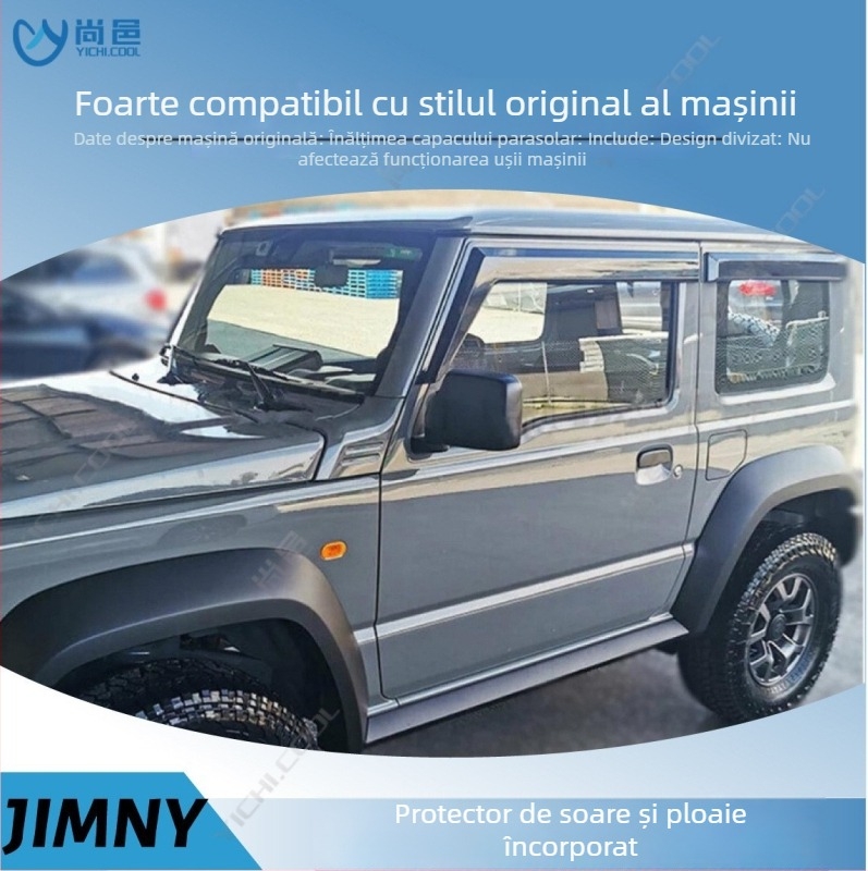 Protecție de ploaie pentru geamul Suzuki Jimny 2007-2023, pentru modele cu 3 și 5 uși; Material: acrilic/PS/PC; Montaj: autoadeziv sau în canal; Proces: injecție/blister