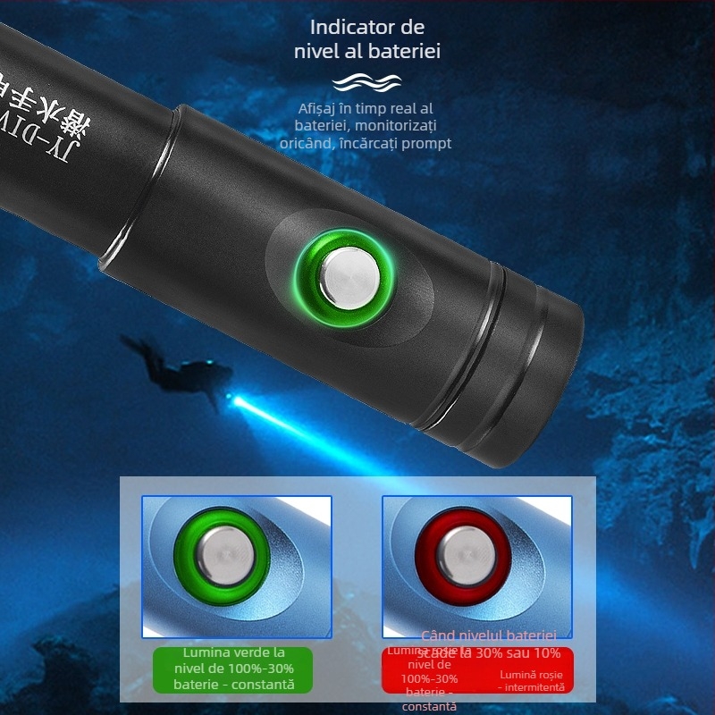 Lanternă de scufundare LED ultra-luminoasă, impermeabilă, reîncărcabilă, pentru scufundări adânci și utilizare pe uscat/la mal