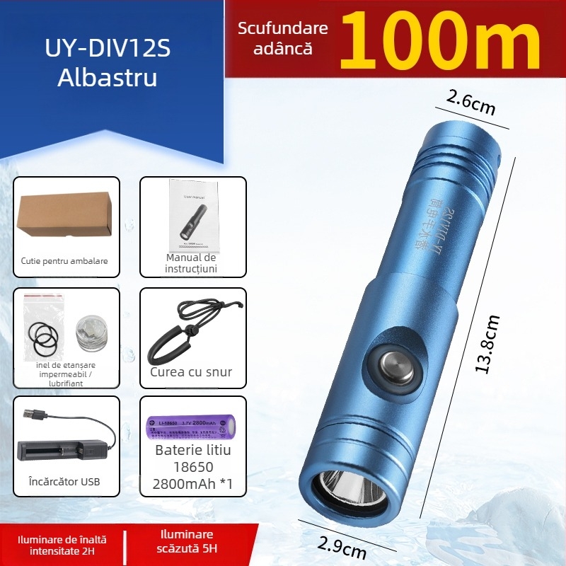 Lanternă de scufundare LED ultra-luminoasă, impermeabilă, reîncărcabilă, pentru scufundări adânci și utilizare pe uscat/la mal