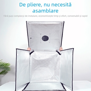 Studiu foto mic cu cutie de iluminat LED pliabilă, cadru din metal și țesătură reflectorizantă, ecran 80x80 cm, 5600K, 100–240V.