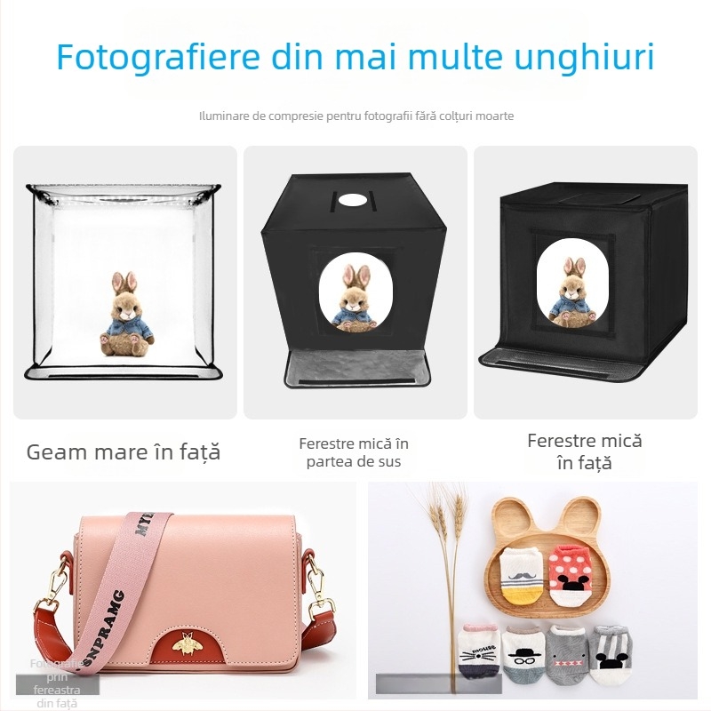Studiu foto mic cu cutie de iluminat LED pliabilă, cadru din metal și țesătură reflectorizantă, ecran 80x80 cm, 5600K, 100–240V.