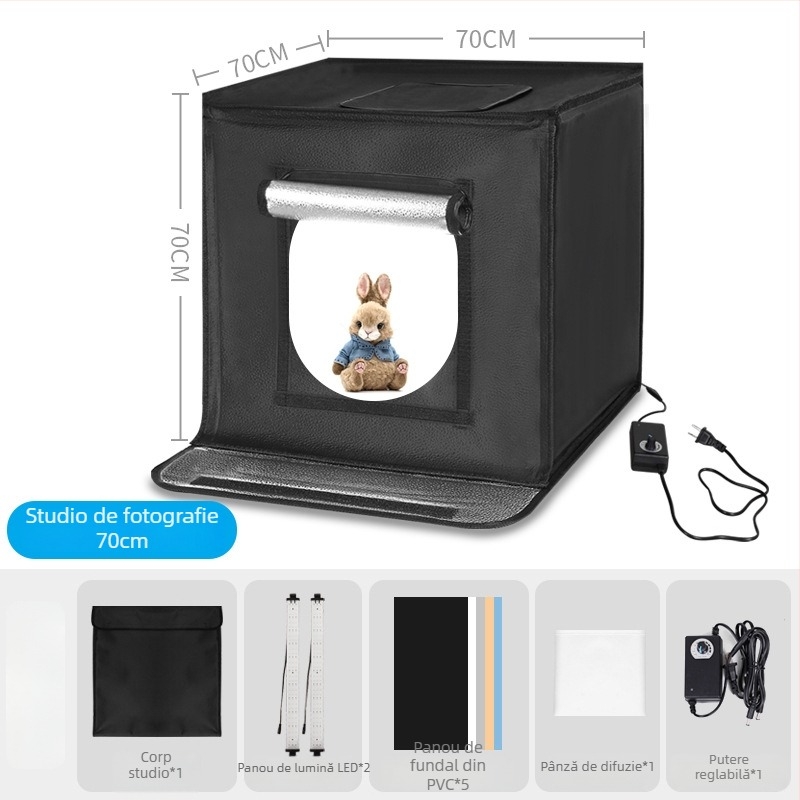 Studiu foto mic cu cutie de iluminat LED pliabilă, cadru din metal și țesătură reflectorizantă, ecran 80x80 cm, 5600K, 100–240V.