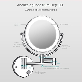 Anju Oglindă de baie pliabilă, cu față dublă, montare pe perete, extensibilă, cadru metalic
