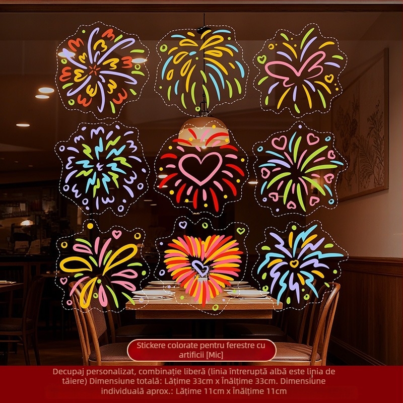 Autocolante pentru ferestre de Anul Nou – Focuri de artificii colorate, decor pentru sticlă și uși, folie electrostatică