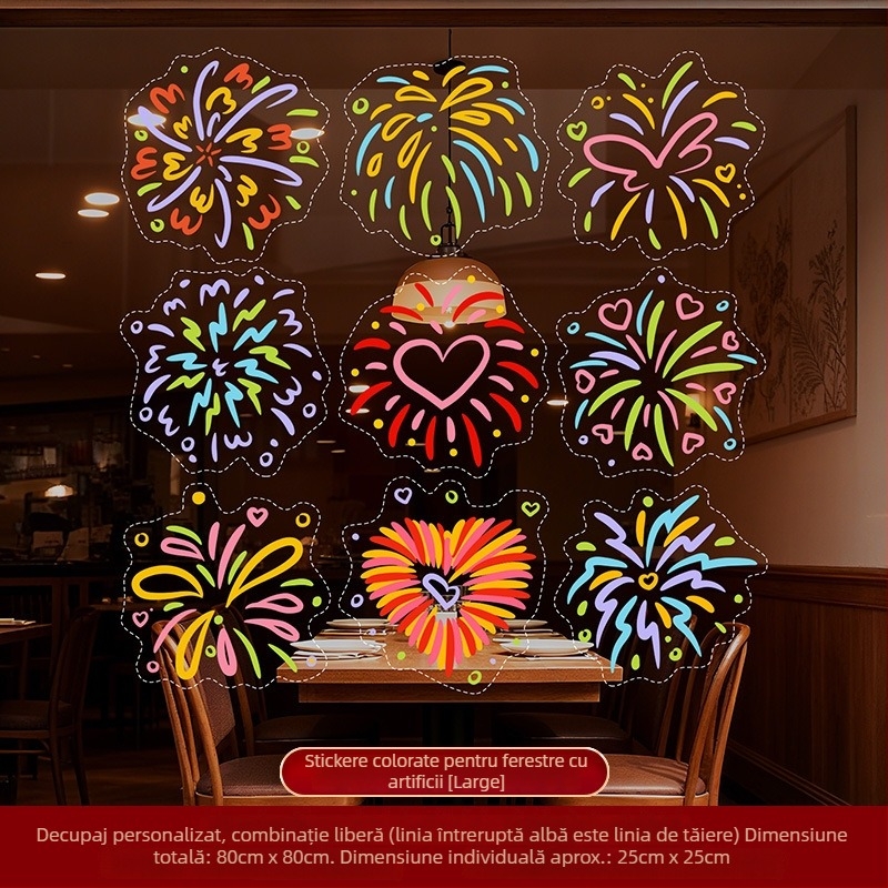 Autocolante pentru ferestre de Anul Nou – Focuri de artificii colorate, decor pentru sticlă și uși, folie electrostatică