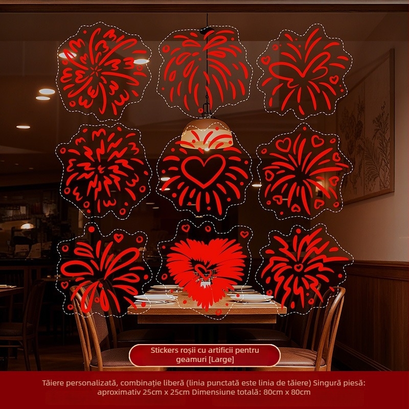 Autocolante pentru ferestre de Anul Nou – Focuri de artificii colorate, decor pentru sticlă și uși, folie electrostatică