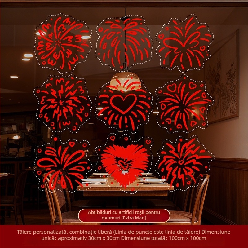 Autocolante pentru ferestre de Anul Nou – Focuri de artificii colorate, decor pentru sticlă și uși, folie electrostatică