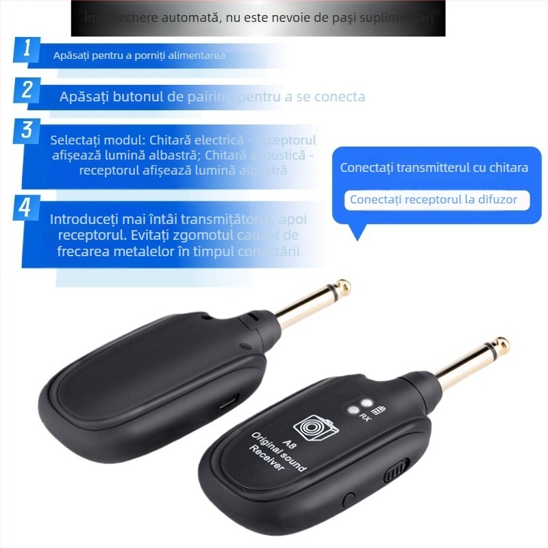 Transmițător-receptor wireless pentru chitară electrică și bas | Model A-8 | Carcasă ABS | Ambalaj din carton