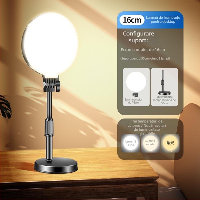 Inel LED pentru fotografiere pe birou | Trei moduri de temperatură, sub 10W, alimentare 5V, pentru selfie pe telefon și streaming live