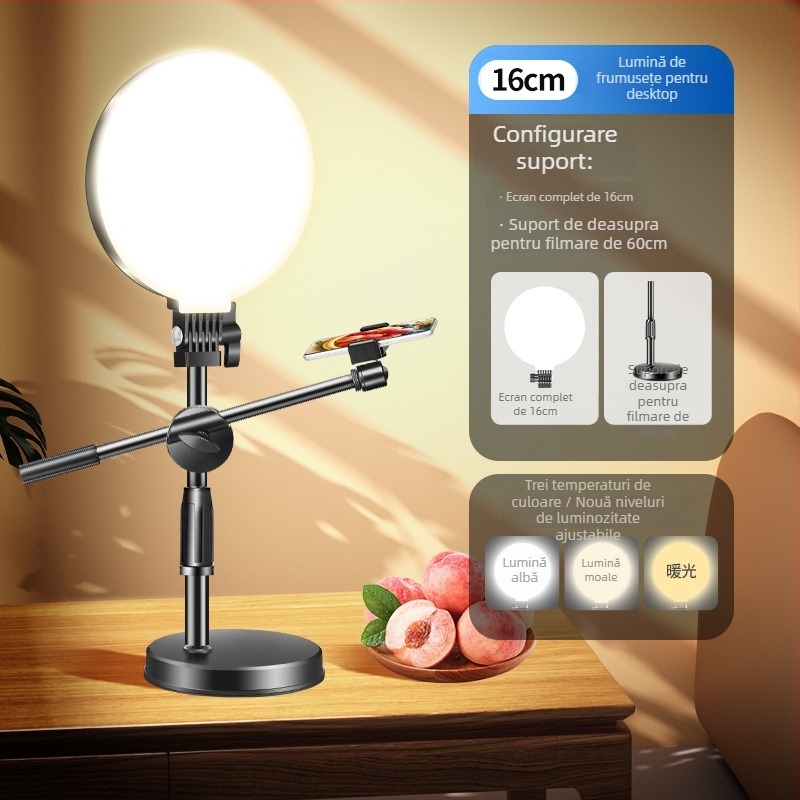 Inel LED pentru fotografiere pe birou | Trei moduri de temperatură, sub 10W, alimentare 5V, pentru selfie pe telefon și streaming live