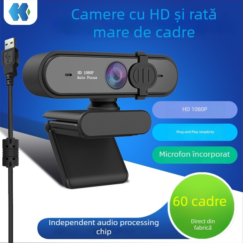 Webcam HD K20 cu autofocus, 1080p, USB 2.0, fără driver, microfon încorporat