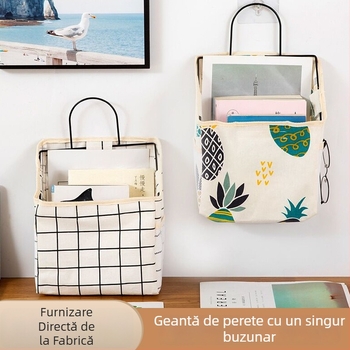 Organizator de depozitare pe perete, din material textil cu un buzunar și deschidere înclinată, din bumbac-lin impermeabil; multifuncțional