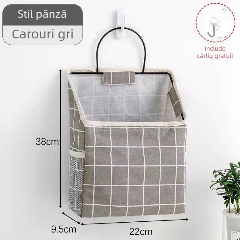 Organizator de depozitare pe perete, din material textil cu un buzunar și deschidere înclinată, din bumbac-lin impermeabil; multifuncțional