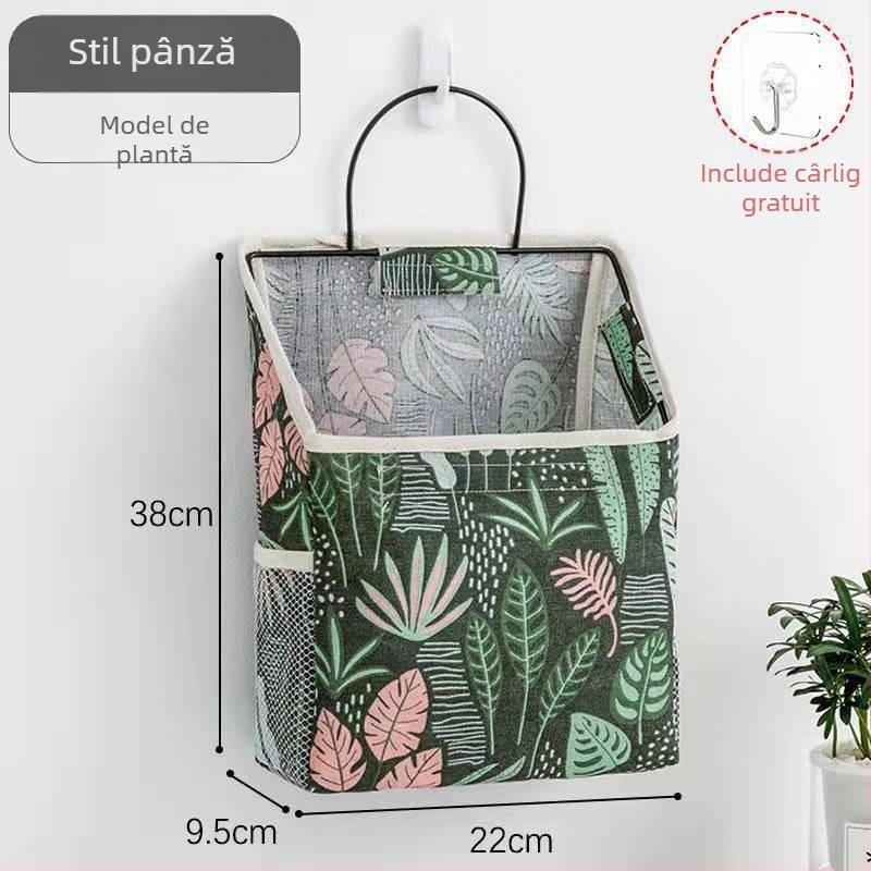 Organizator de depozitare pe perete, din material textil cu un buzunar și deschidere înclinată, din bumbac-lin impermeabil; multifuncțional