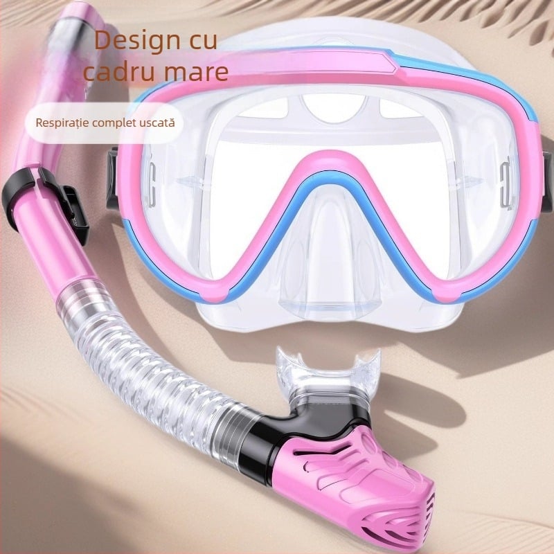 Set de snorkeling pentru copii cu mască din silicon și sticlă temperată, snorkel complet uscat, anti-cețuire