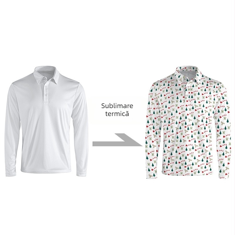 Tricou polo cu protecție solară, mâneci lungi, imprimeu 3D cu motiv copac, țesătură respirabilă, uscare rapidă