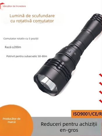 Lanternă LED pentru scufundări, reîncărcabilă, corp din aliaj de aluminiu, autonomie lungă a bateriei