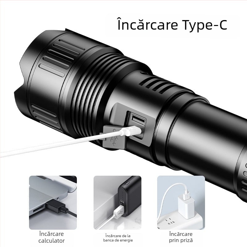 Fenar din aliaj de aluminiu, intrare Type-C, zoom telescopic, 30W, baterie 7200 mAh, rază 500 m+