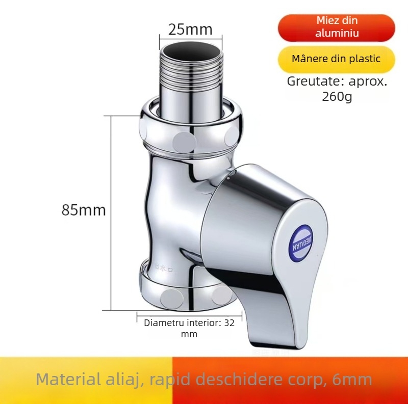 Valvă de spălare cu apă prin apăsare pentru toaletă de tip squat, model deschidere rapidă, cupru, ieșire Ø1 inch, timp de spălare 5–8 s, presiune de lucru 0,1–1,0 MPa