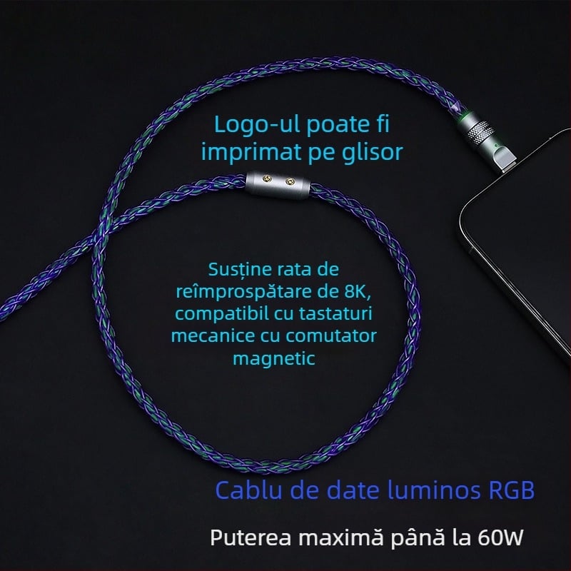 Cablu USB-C de încărcare pentru tastaturi mecanice, RGB gradient streamer, PD 60W, aliaj de zinc
