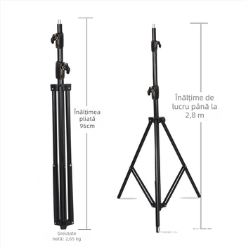 Suport lampă studio pentru streaming 2.8 m | Aluminiu aliaj | Sarcină 6 kg | Tripod cu 3 secțiuni | Brand Yuer