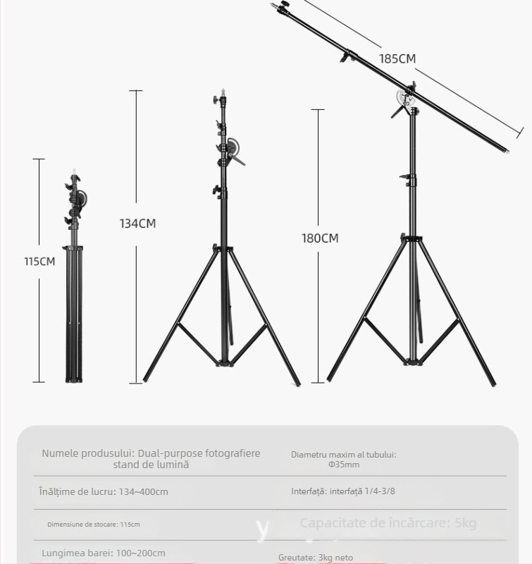 Suport lampă studio pentru streaming 2.8 m | Aluminiu aliaj | Sarcină 6 kg | Tripod cu 3 secțiuni | Brand Yuer