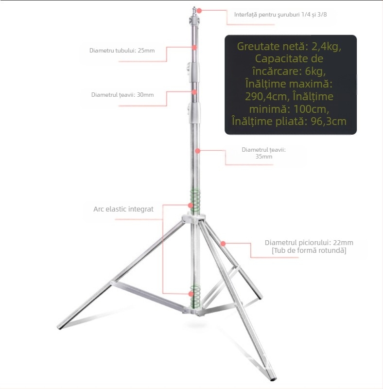 Suport lampă studio pentru streaming 2.8 m | Aluminiu aliaj | Sarcină 6 kg | Tripod cu 3 secțiuni | Brand Yuer