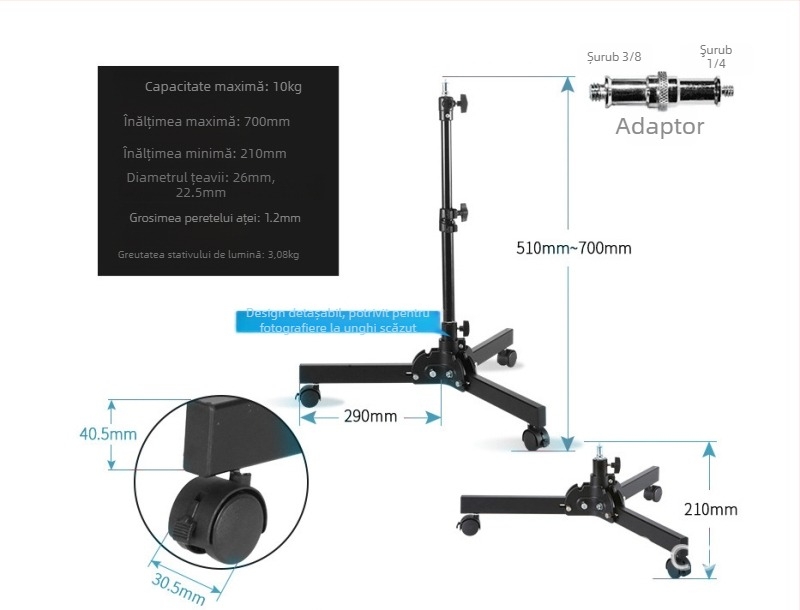 Suport lampă studio pentru streaming 2.8 m | Aluminiu aliaj | Sarcină 6 kg | Tripod cu 3 secțiuni | Brand Yuer