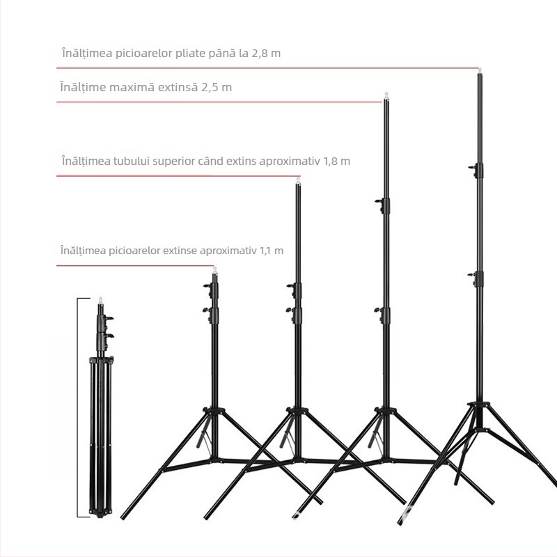 Suport lampă studio pentru streaming 2.8 m | Aluminiu aliaj | Sarcină 6 kg | Tripod cu 3 secțiuni | Brand Yuer