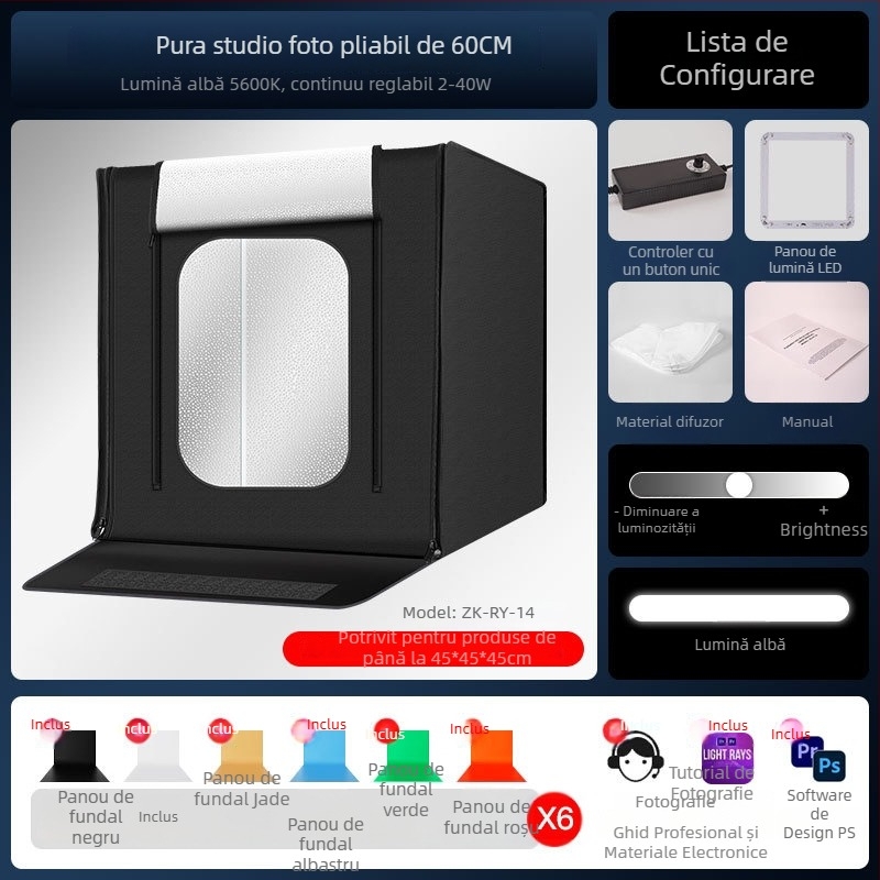 Cutie de lumină pliabilă pentru studio foto, model ZK-RY-04; Material: pânză Oxford opac + pânză reflectorizantă din folie de aluminiu; Greutate: 4600 g; destinat fotografiei profesionale