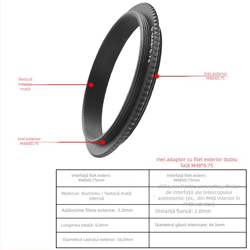 Star Edge Inel adaptor bidirecțional M48/M42 pentru fotografiere cu telescop astronomic