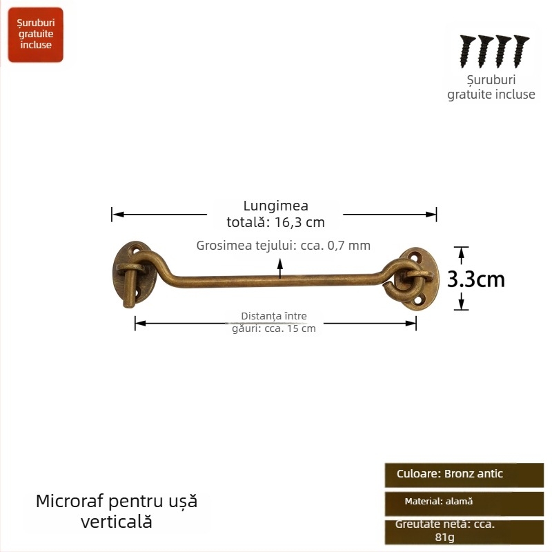 Cârlig pentru fereastră din alamă, cu încuietoare, finisaj lustruit și patinat, Stil Nou Chinezesc