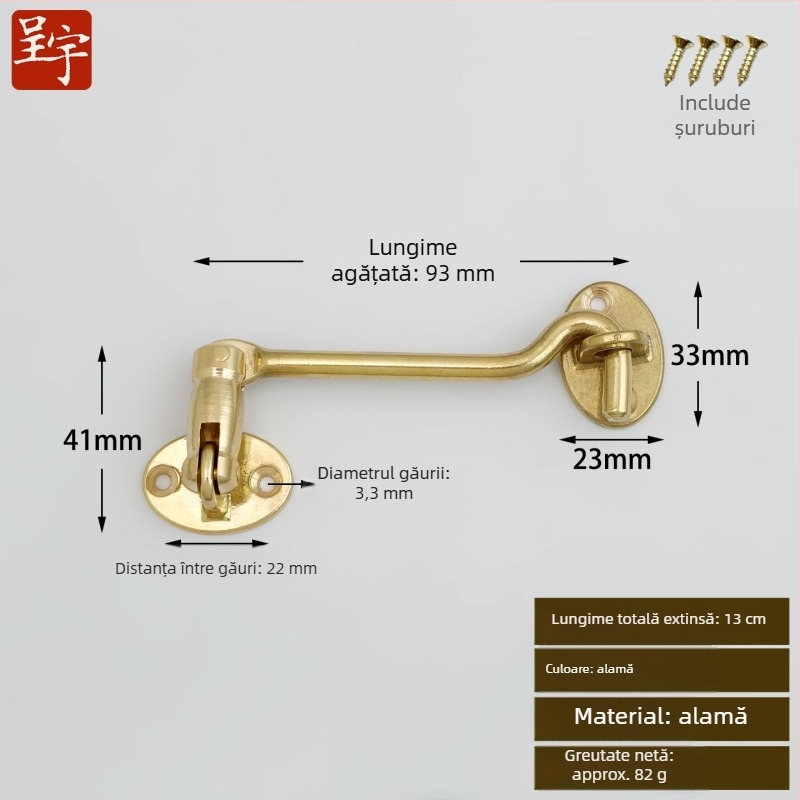 Cârlig pentru fereastră din alamă, cu încuietoare, finisaj lustruit și patinat, Stil Nou Chinezesc