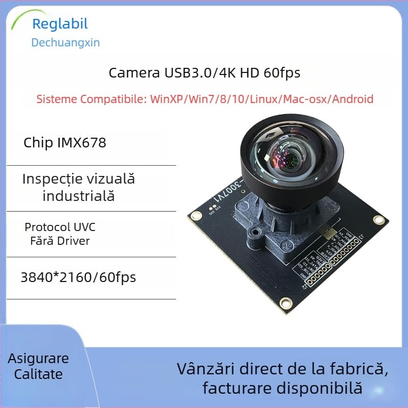 Cameră USB industrială IMX678 – 8MP, 4K, 60FPS, USB 3.0, focalizare manuală