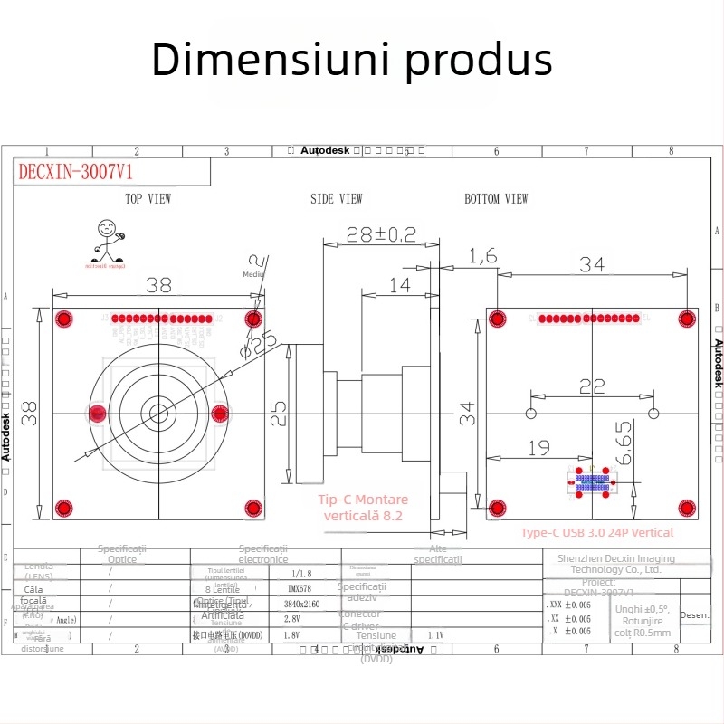 Cameră USB industrială IMX678 – 8MP, 4K, 60FPS, USB 3.0, focalizare manuală