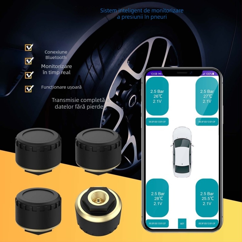 Senzor TPMS Bluetooth pentru mașini, motociclete și tricicluri - Wollip, interval 0-8 bar, afișaj digital, compatibil cu 2/3/4 roți