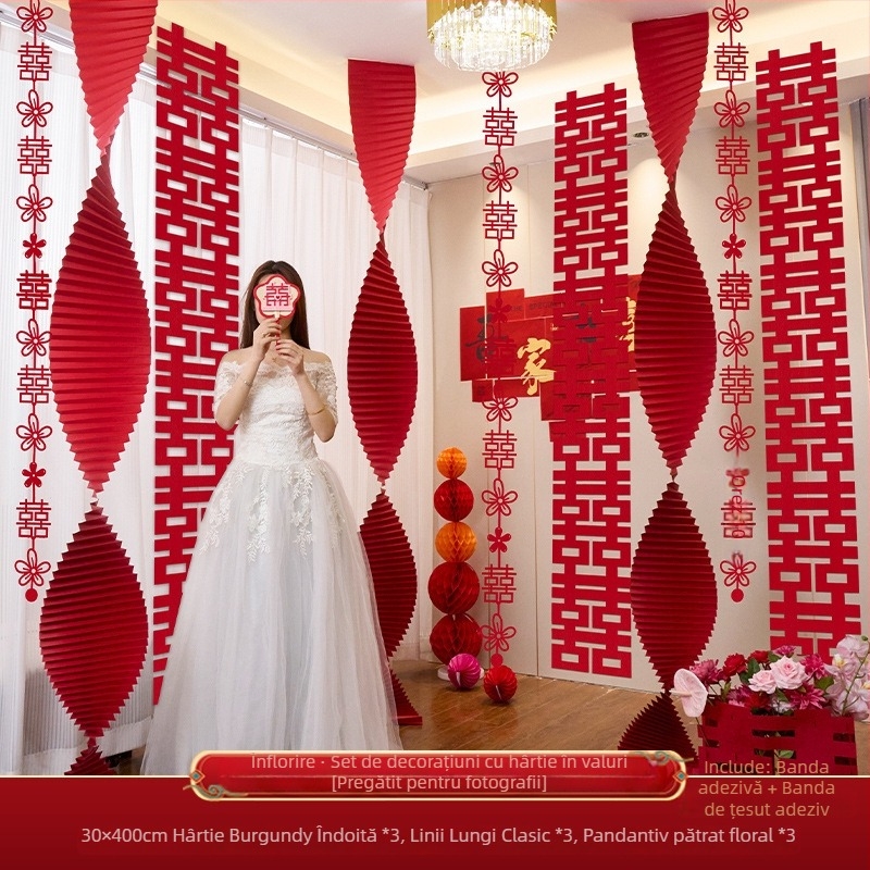 Accesorii de decor pentru spațiul de nuntă: ghirlandă origami tip cascadă din hârtie, panglică