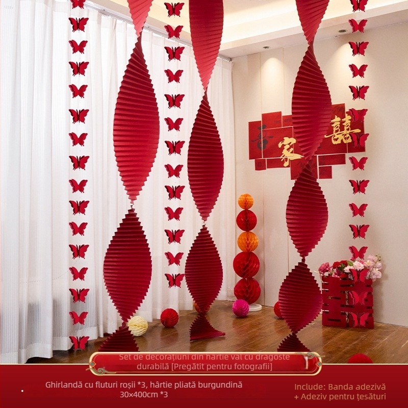 Accesorii de decor pentru spațiul de nuntă: ghirlandă origami tip cascadă din hârtie, panglică