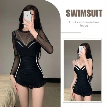 Costum de baie pentru femei, cu mâneci lungi, talie înaltă și design sexy; material poliester 95%, căptușeală 100% poliester; cu pernuțe pentru sâni, fără suport din oțel.