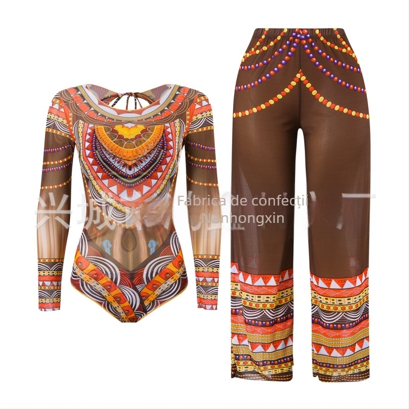 Costum de baie întreg din plasă, cu mâneci lungi, protecție UV, imprimeu floral