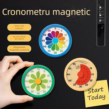 Temporizator mecanic cu numărătoare inversă pentru elevi – vizual, cu montare magnetică, acționare manuală, carcasă rotundă metal-plastic