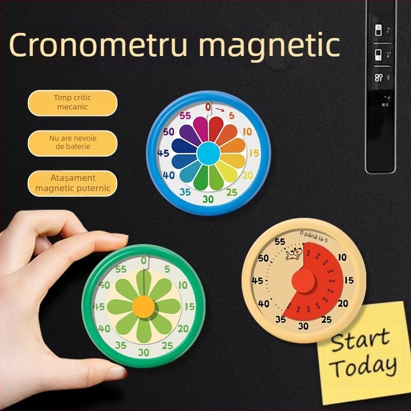 Temporizator mecanic cu numărătoare inversă pentru elevi – vizual, cu montare magnetică, acționare manuală, carcasă rotundă metal-plastic