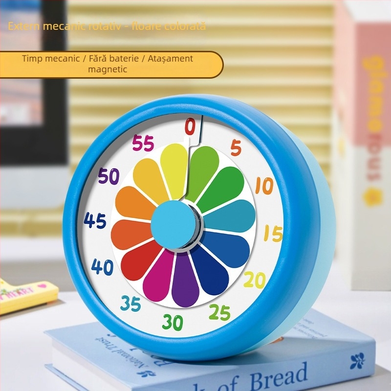 Temporizator mecanic cu numărătoare inversă pentru elevi – vizual, cu montare magnetică, acționare manuală, carcasă rotundă metal-plastic