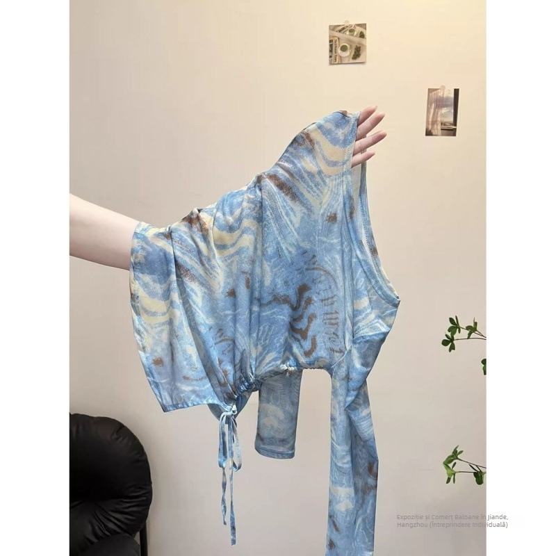 Top din plasă cu protecție solară, guler rotund, poliester/spandex, țesătură subțire, stil elegant feminin