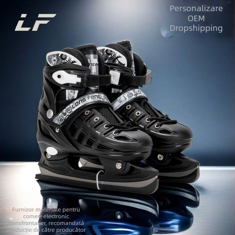 Ghete Longfeng pentru patinaj cu lame din oțel inoxidabil pentru adolescenți și adulți; partea superioară din PVC cu plasă; talpă PP; potrivite pentru patinaj de viteză și artistic