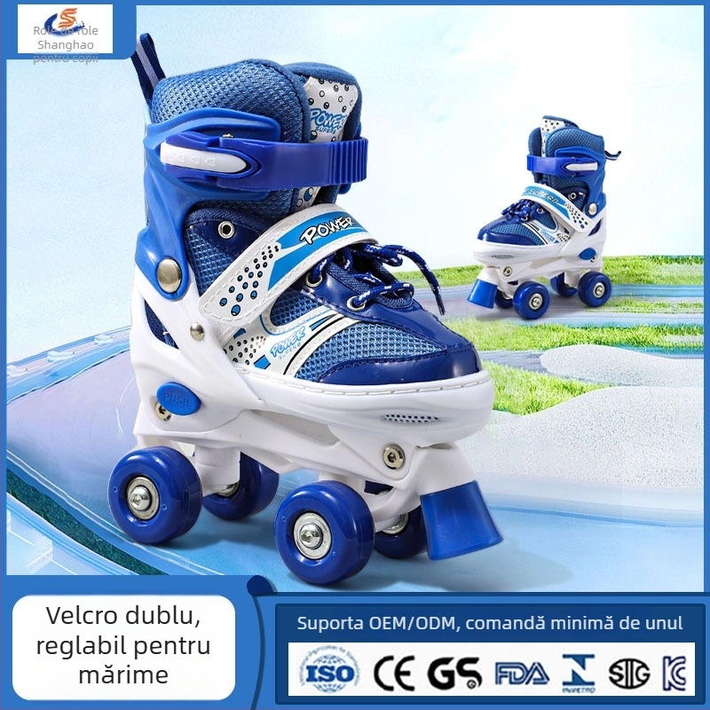 Role de copii Shanghao, pentru vârste 3–12 ani, pentru începători, partea superioară PU+mesh, talpa TPR, roți cu două rânduri, roți ABS