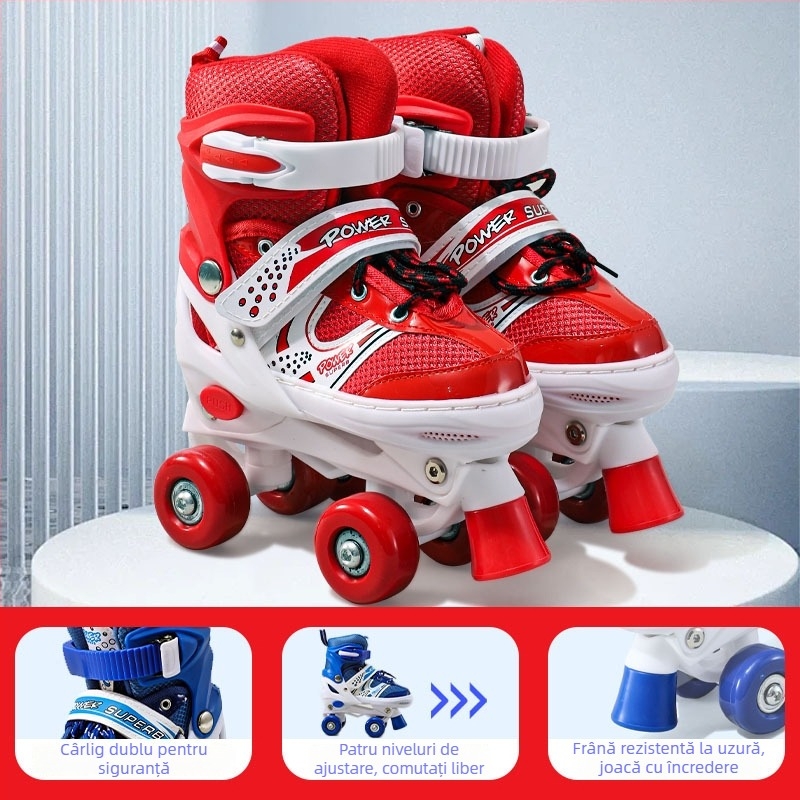 Role de copii Shanghao, pentru vârste 3–12 ani, pentru începători, partea superioară PU+mesh, talpa TPR, roți cu două rânduri, roți ABS