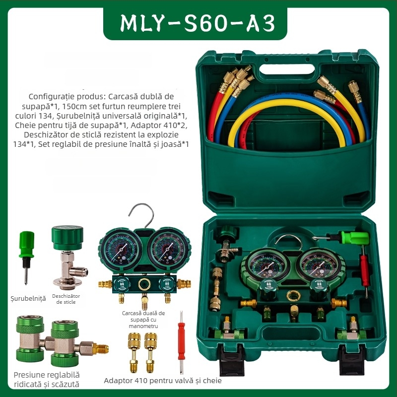 Manometru diafragmă pentru climatizare auto – set de unelte cu refrigerant R134a, manometre duali pentru R22/R410