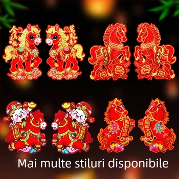 Set de autocolante tridimensionale cu caracter Fu pentru ușă, fereastră și perete – Anul Calului, Festivalul Primăverii – lucrat manual pe carton alb, stil Chinezesc
